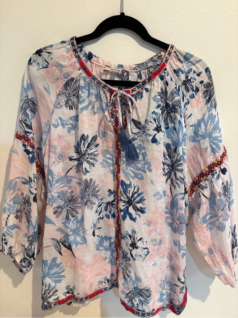 Johnny Was Pink and Blue Floral Embroidered Peasant Top